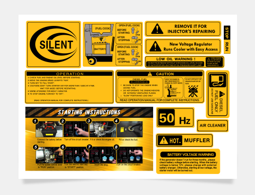 發(fā)電機(jī)組低噪音全套貼紙操作說(shuō)明貼紙